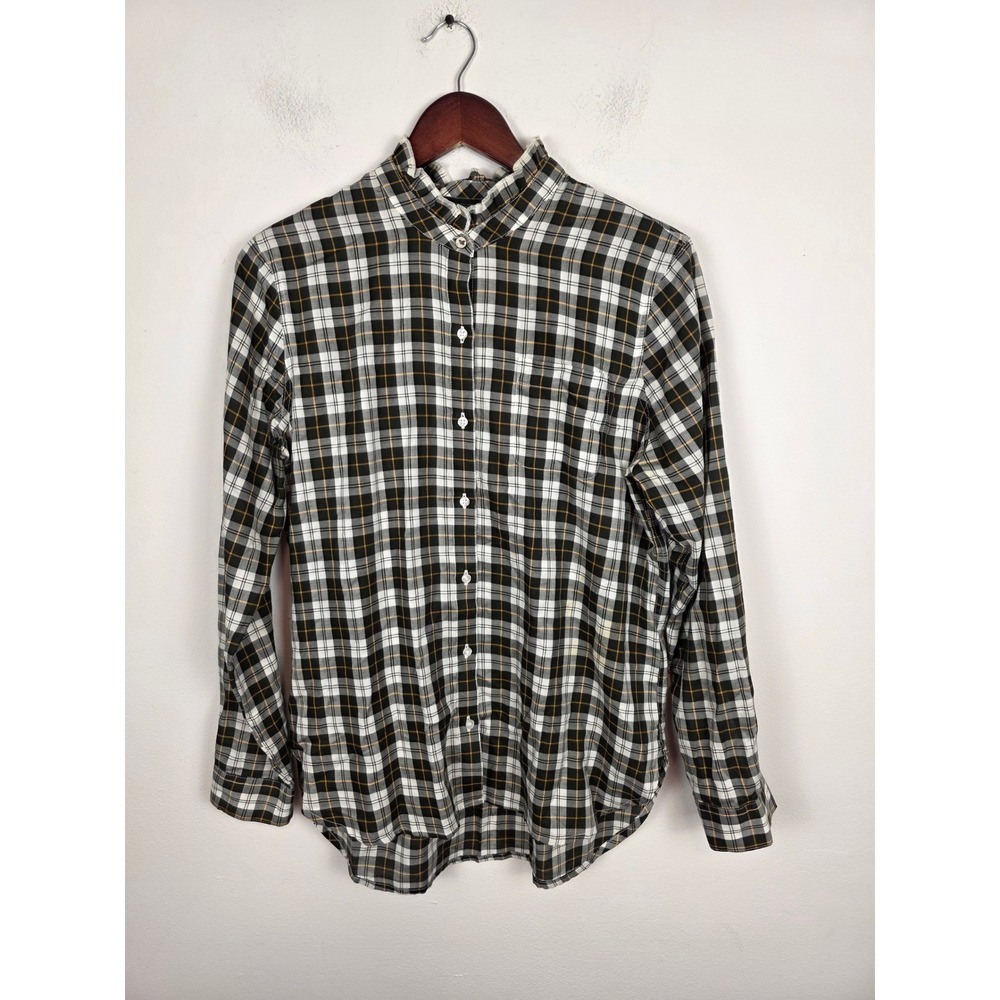 Barbour Stanton Plaid Shirt Womens Size 8 Black White Yellow Ruffle Collar